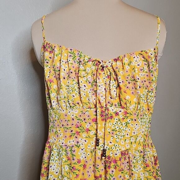 BCBG Yellow Orange Floral Milkmaid Ruched Midi Sundress Large - Picture 3 of 9